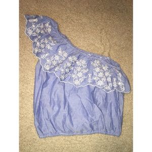 American Rag one shoulder pin stripe ruffle top🌸